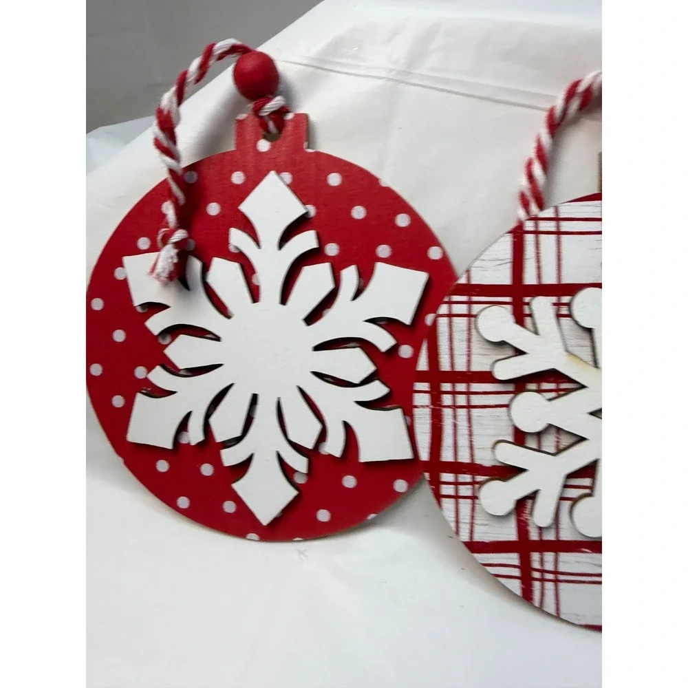 4pc Red White Wooden Snowflake Christmas Ornaments Plaid Polka Dot Striped Decor